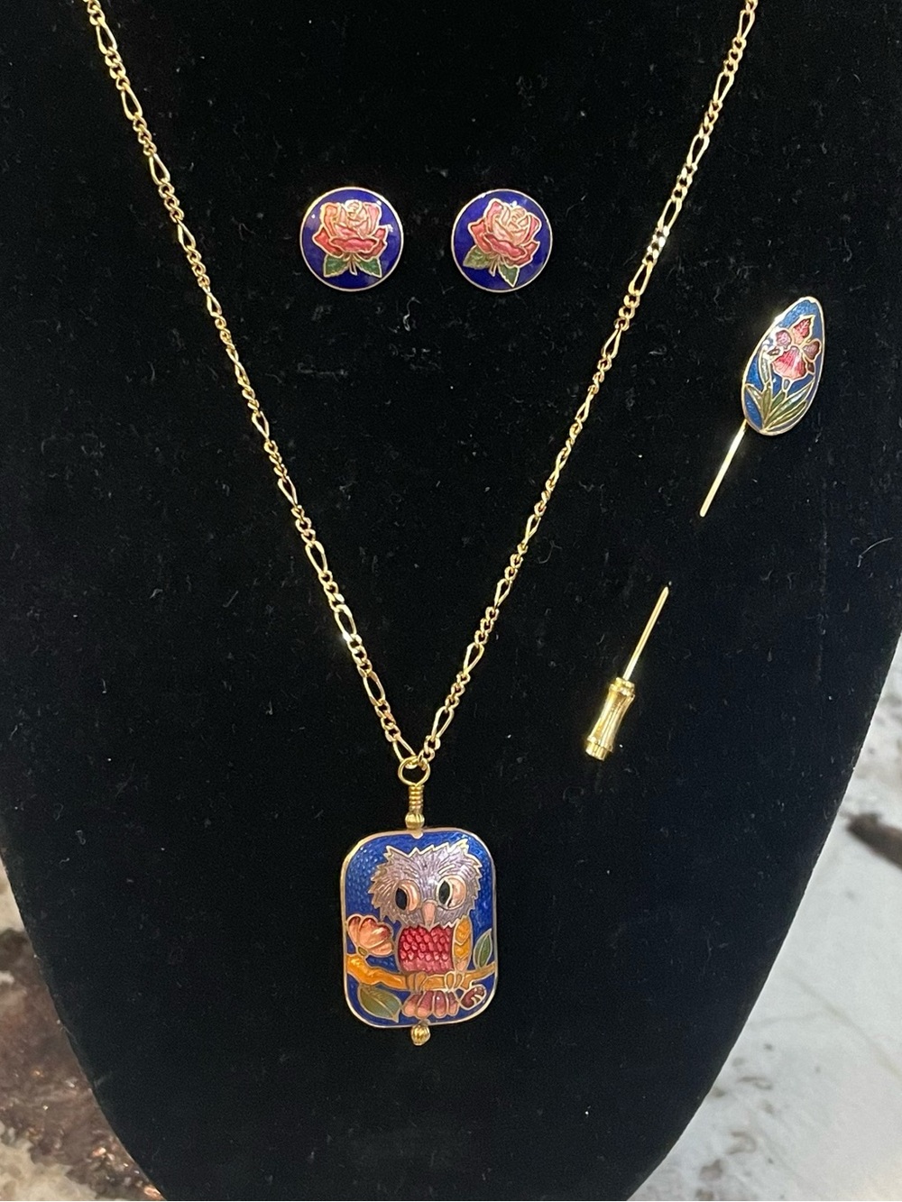 Cloisonné Owl Pendant Necklace, Floral Earrings & Stick-pin Set - Vintage